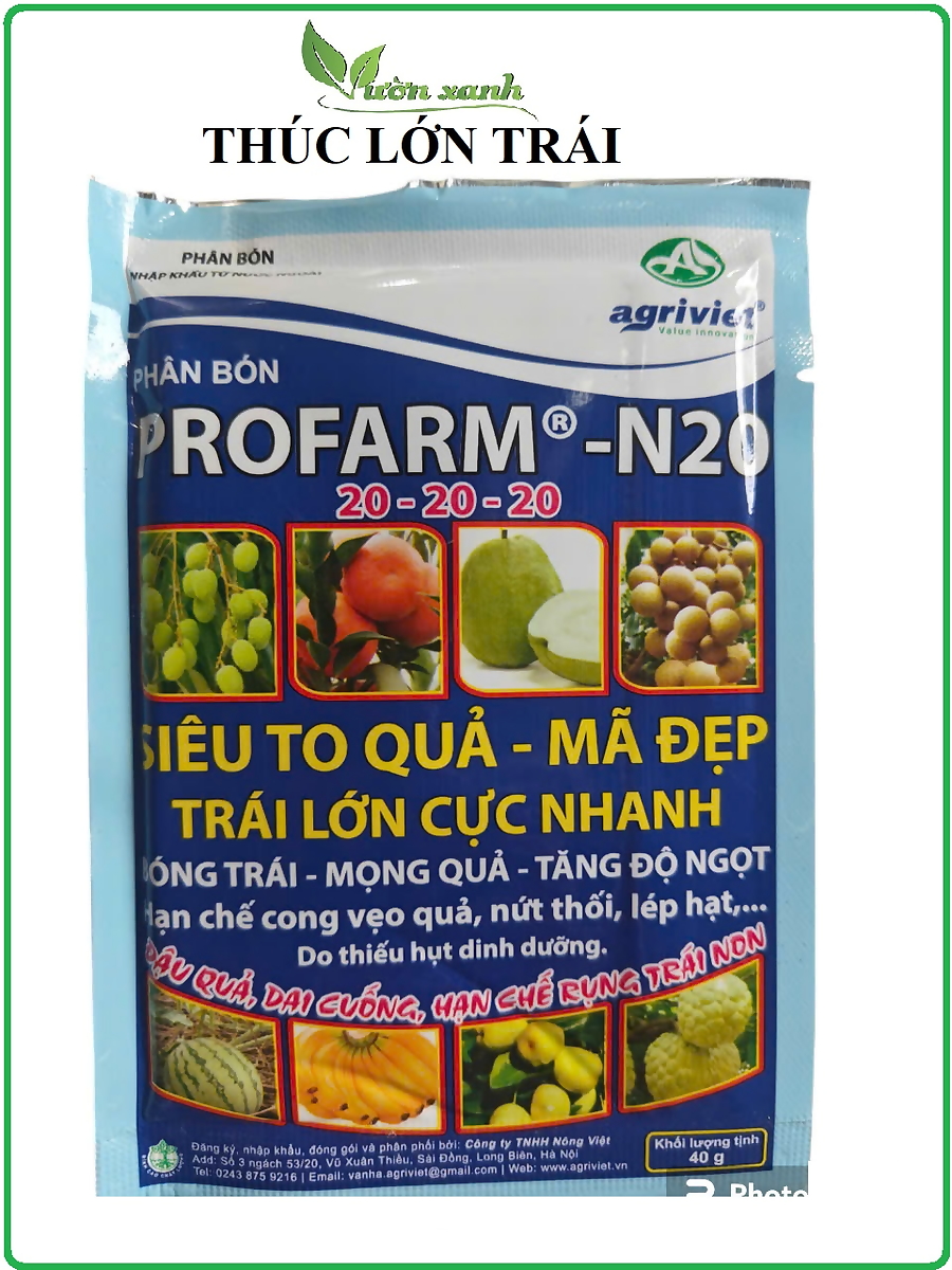 Phân Bón Lá PROFARM NPK 20-20-20 (Gói 40g) - Siêu To Quả, Mã Đẹp, Đậu Quả, Trái Lớn Nhanh