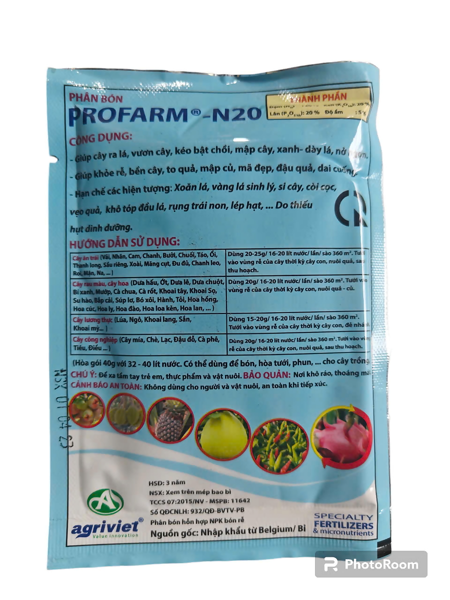 Phân Bón Lá PROFARM NPK 20-20-20 (Gói 40g) - Siêu To Quả, Mã Đẹp, Đậu Quả, Trái Lớn Nhanh